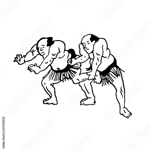 Hand drawn illustration of sumo man wrestlers fight on white background
