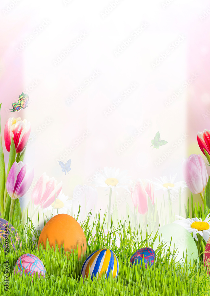Easter postcard with eggs and flowers