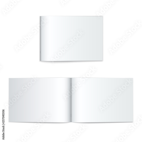 Vector mock up of booklet with soft cover isolated. Opened and closed horizontal magazine, brochure or notebook template on white background
