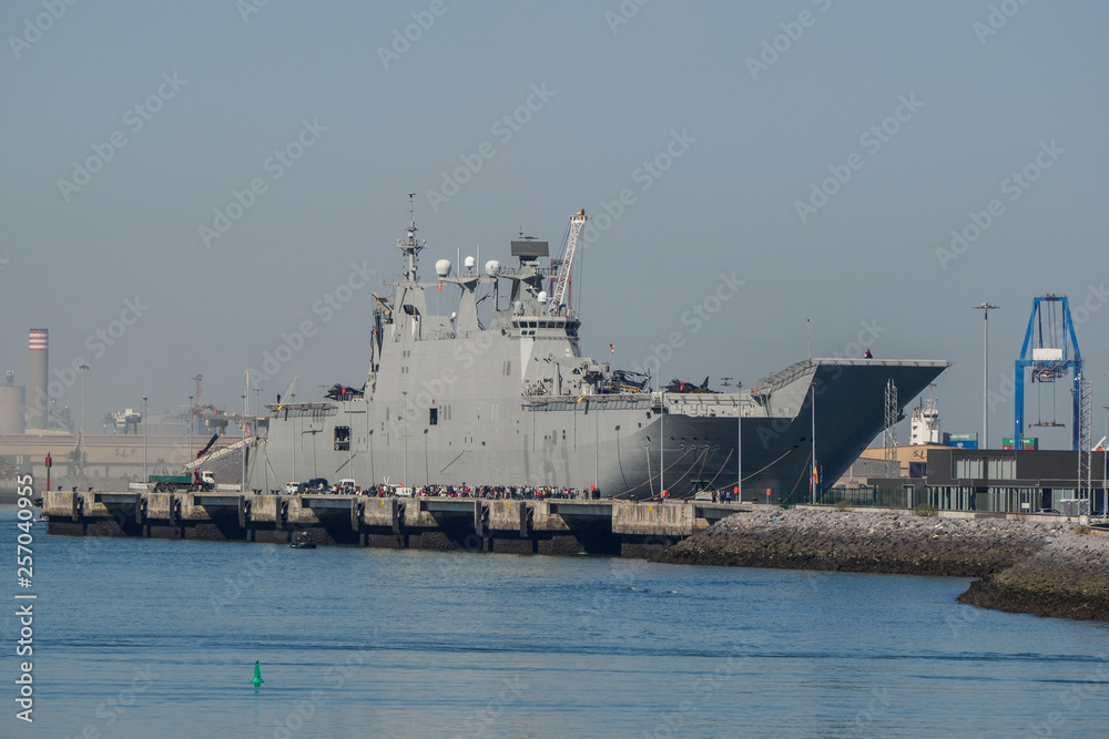 BILBAO, SPAIN - MARCH / 23/2019. The aircraft carrier of the Spanish Navy Juan Carlos I in the port of Bilbao, open day to visit the ship. Sunny day