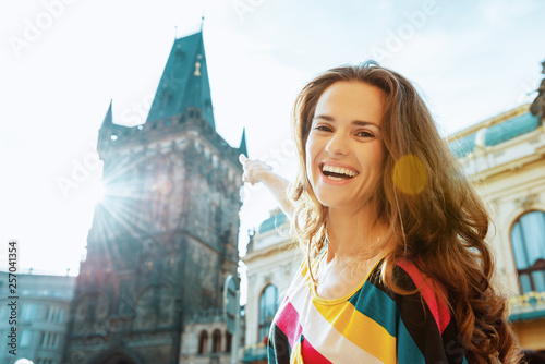 Sticker happy young solo tourist woman having excursion