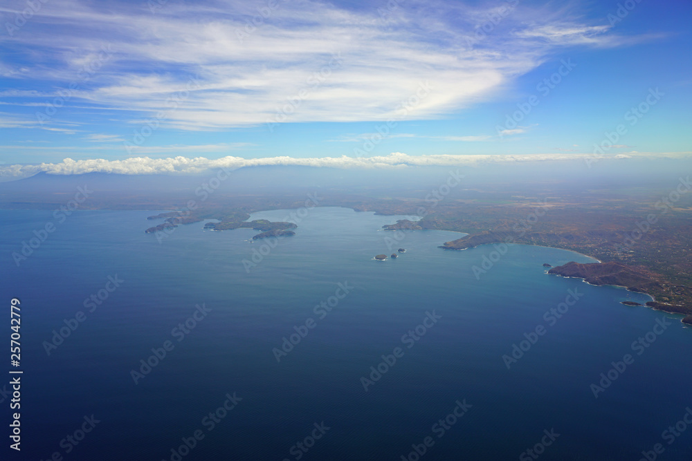 Aerial view of the Golfo del Papagayo with the Peninsula Papagayo near Liberia, Guanacaste, Costa Rica, during the dry season