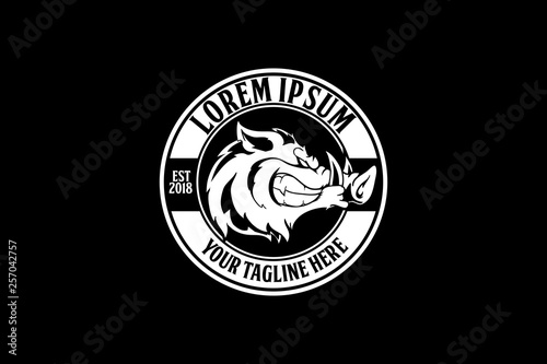 black and white hog head cartoon vector round logo template photo