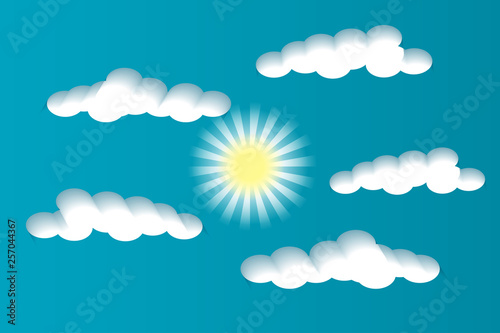 Multilayered day sky. White clouds and sun on a blue background. Paper cut style