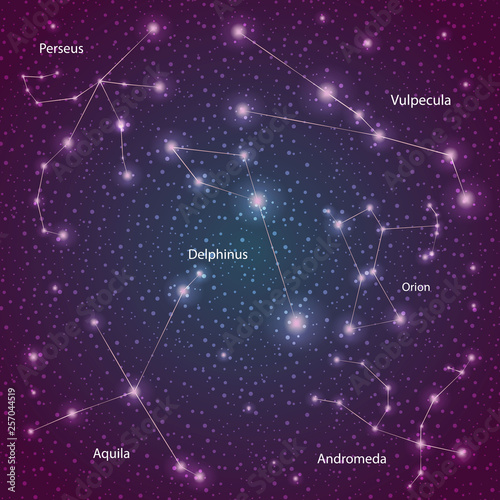 set of stars of constellations with the name vector illustration on a scientific theme