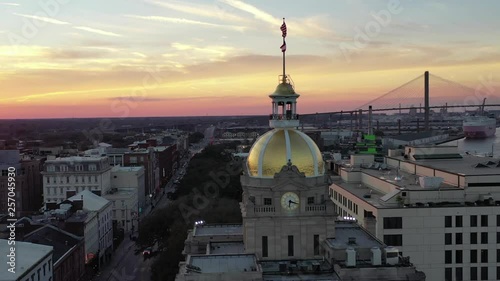 Aerial of Savannah, Georgia City Hall at Sunset