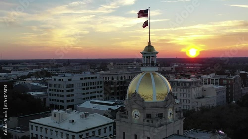 Aerial of Savannah, Georgia City Hall at Sunset