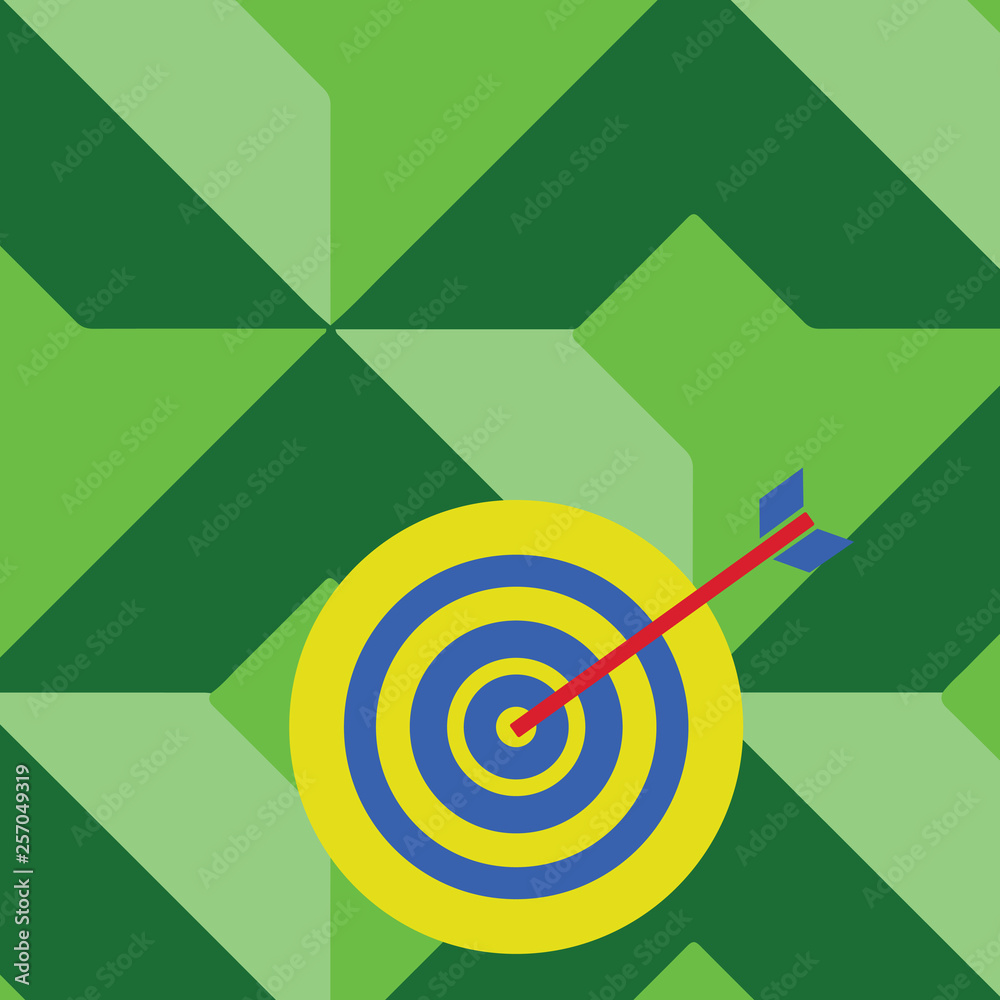 Color Dart Board in Concentric Style with Arrow Hitting the Center Bulls Eye Design business concept Empty copy text for Web banners promotional material mock up template.