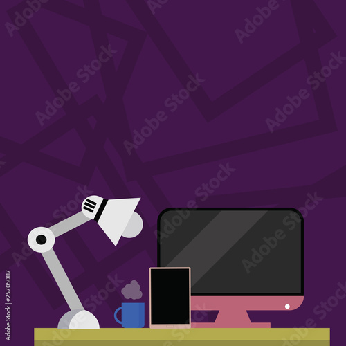 Arrangement of Workspace for Nightshift Worker with Computer,Tablet and Lamp Design business Empty template isolated Minimalist graphic layout template for advertising