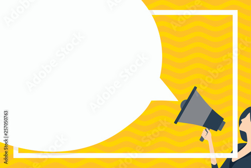 Huge Blank Speech Bubble Round Shape. Slim Woman Holding Colorful Megaphone Business Empty template for Layout for invitation greeting card promotion poster voucher