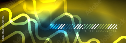Neon glowing techno lines, hi-tech futuristic abstract background template with square shapes