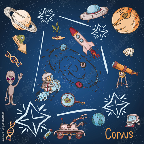 space constellation with the name_11_and color illustrations on a scientific and fantastic theme