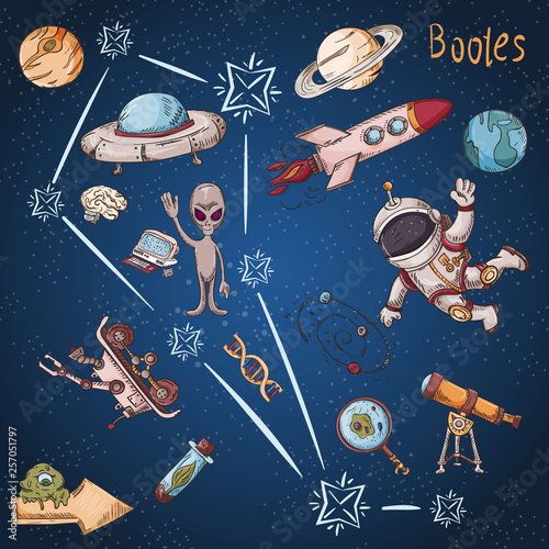 space constellation with the name_21_and color illustrations on a scientific and fantastic theme