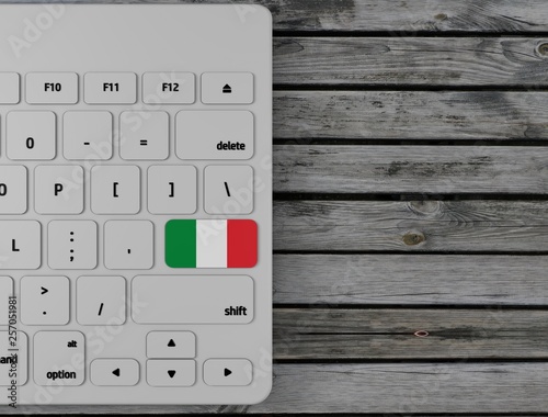 Italian flag enter key on white keyboard, on wood background. 3d render photo