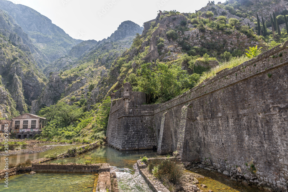 Perspective of the formidables walls of Kotor fortress near the River Gate. Kotor, Montenegro