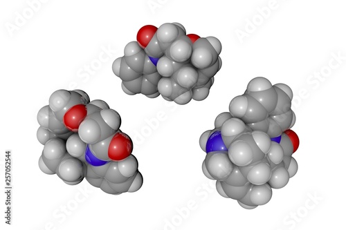 Molecular model of strychnine. Atoms are represented as spheres with conventional color coding: hydrogen (white), carbon (grey), oxygen (red), nitrogen (blue). Scientific background. 3d illustration