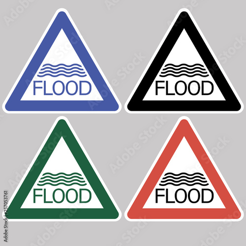 Flood. Triangular sign,set.Information about the natural phenomenon dangerous to life and health in the area.