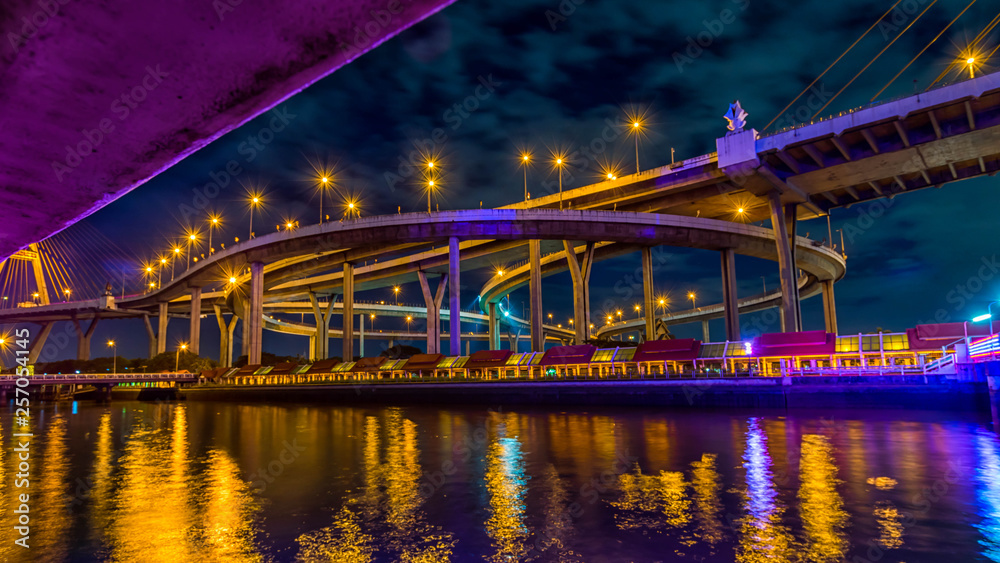 The Grand King Bhumibol Bridge at night, Bangkok Thailand The Grand King Bhumibol Bridge at night, Bangkok Thailand