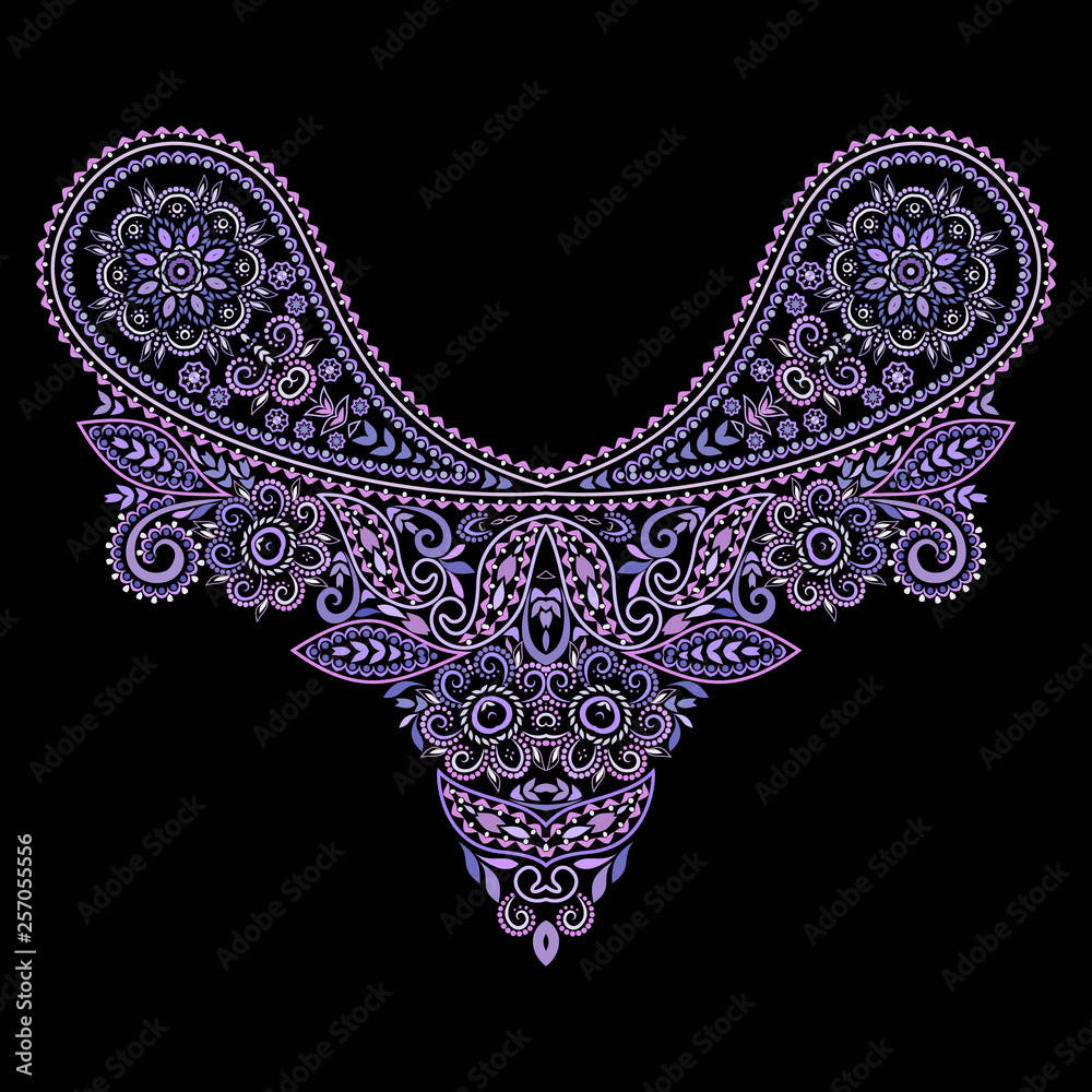 Obraz premium Neckline ethnic design. Floral blue traditional pattern. Vector print with decorative elements and paisley for embroidery, for women's clothing.