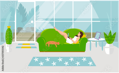 Vector illustration of freelance work. A girl is working on a computer and is lying on a sofa with a cat at home in a cozy room. Studying courses online in a cozy setting. Distance higher education.