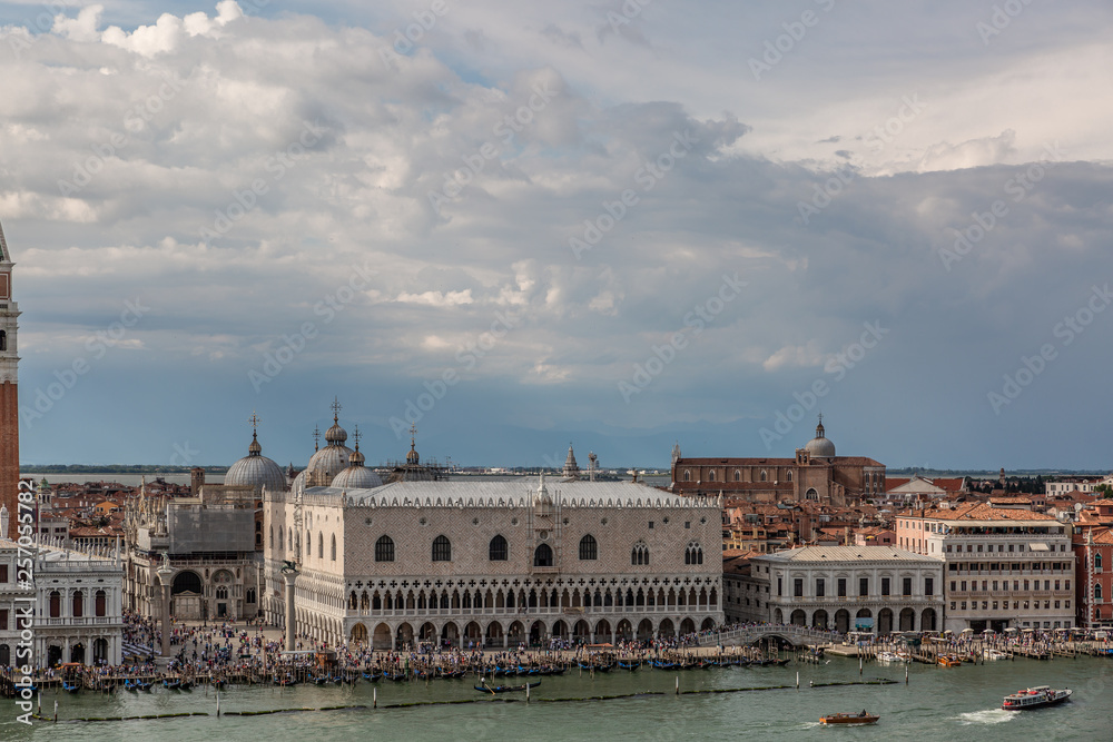 Beautiful landscape of part of the historical ensemble of the city of Veneciam seen from the sea, Italy