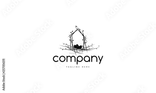 Nest home sprig black leaf vector logo design