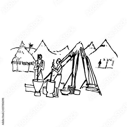 Vector illustration of  Native black skinned ethnical people of Africa tribes and .