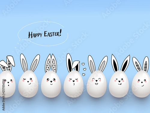Happy Easter funny cute rabbits with calligraphic text, clouds and easter eggs on light blue background. Easter greeting background, card, banner, poster, template design with hand drawn rabbits ears.