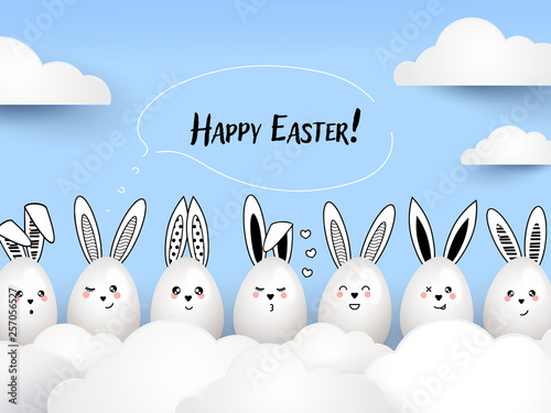 Happy Easter funny cute rabbits with calligraphic text and easter eggs on light blue background. Easter greeting background, card, banner, poster, flyer design with hand drawn rabbits ears. Paper art