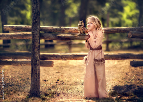 A beautiful little girl with long blond hair is standing by a wooden fence in a long dress with fur pockets and looking into the distance, an owl sits next