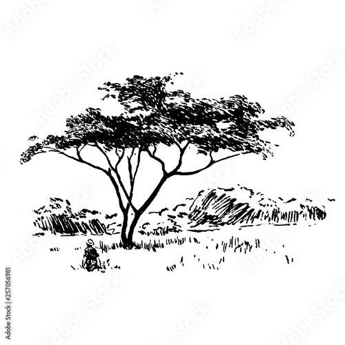 Hand drawn African safari nature landscape black on white background