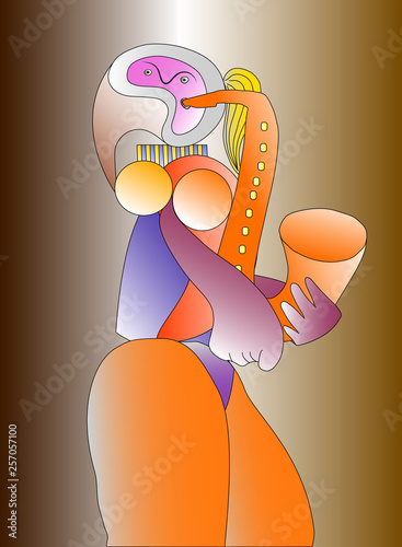 Vector illustration of a great artist. Woman with a saxophone. Portrait painting.
