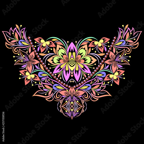 Neckline - floral design. Ethnic colorful lace pattern. Vector print  for embroidery, for women's clothing
