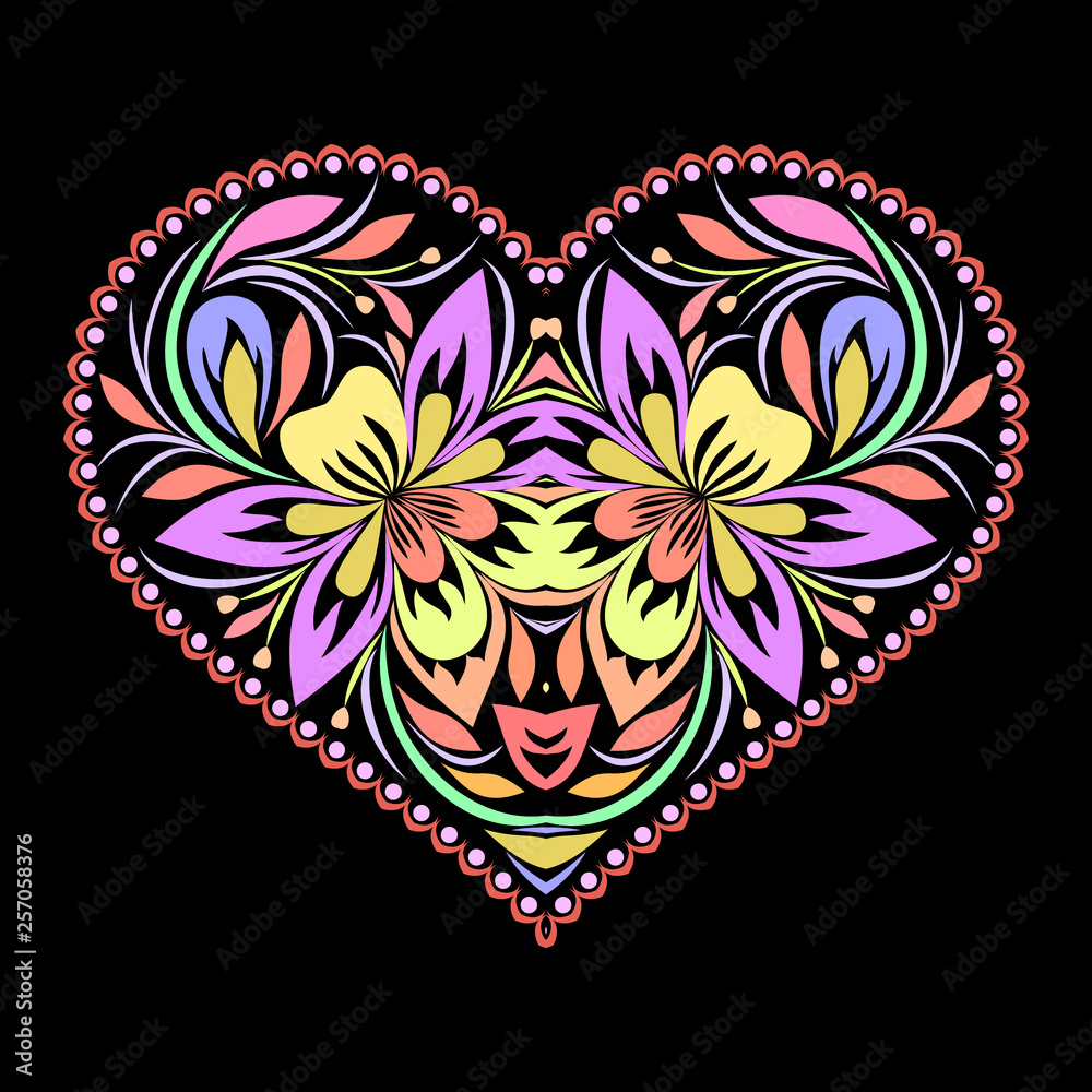 Heart cliche. Ethnic colotful floral template for design, for embroidery. Vector print.