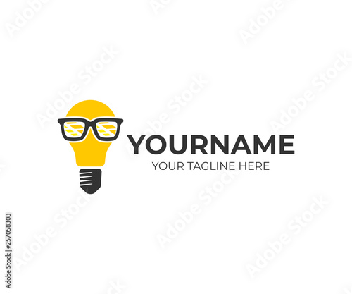 Innovation, light bulb in glasses nerd or geek, logo design. Inspiration, technology, innovative developments and discoveries, vector design and illustration