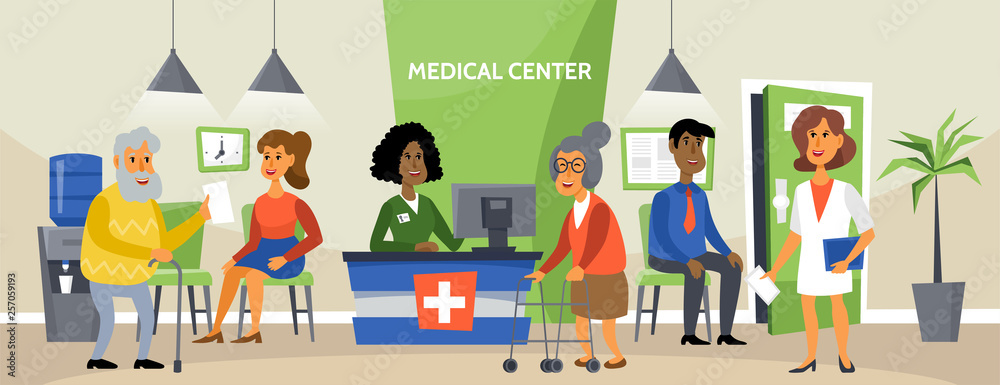 Fototapeta premium Clinic reception concept with patients waiting for doctor medical care.