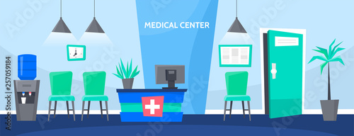 Clinic reception interior with desk, chairs and doctor medical care room.