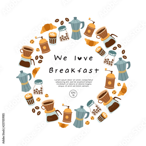 Hand drawn vector illustration of coffee, sweets and pastry