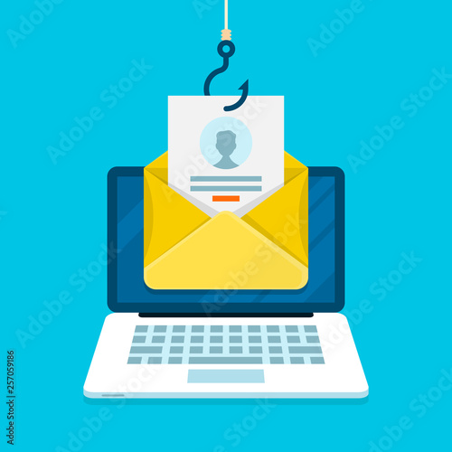 Phishing email concept with laptop computer, email login page and fishing hook.