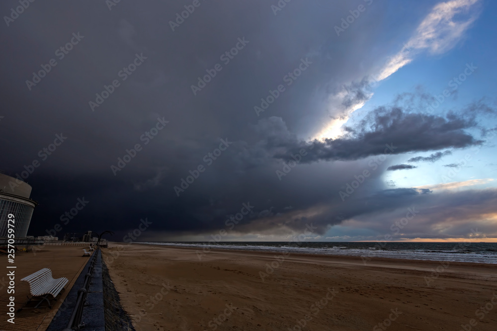 Sky before the storm in North Sea beach in Ostend, Belgium