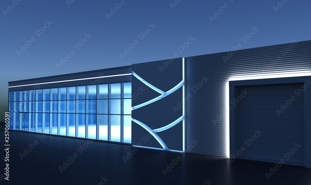 Obraz premium 3d render exterior mall at night, exterior visualization, 3D illustration
