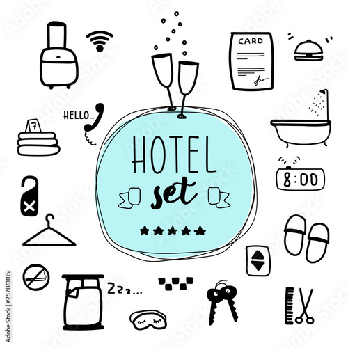 Digital illustration, hotel vector set. Traveling doodle style stuf.