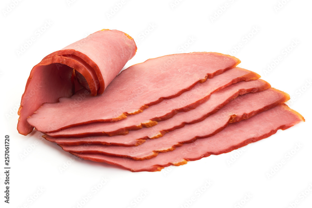 Pork ham slices, smoked tenderloin, preserved fillet, close-up, isolated on white background Pork ham slices, smoked tenderloin, preserved fillet, close-up, isolated on white background