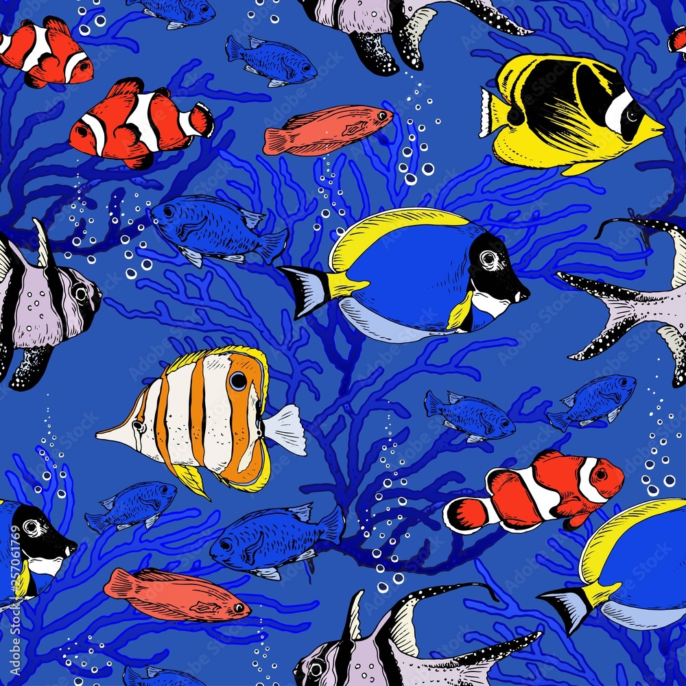Naklejka premium Seamless pattern with colorful tropical fishes and corals. Hand drawn vector on blue background.