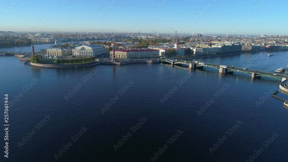 Arrow of Vasilievsky island and Exchange bridge, October Sunny morning. Saint Petersburg, Russia (aerial video) Arrow of Vasilievsky island and Exchange bridge, October Sunny morning. Saint Petersburg, Russia (aerial video)