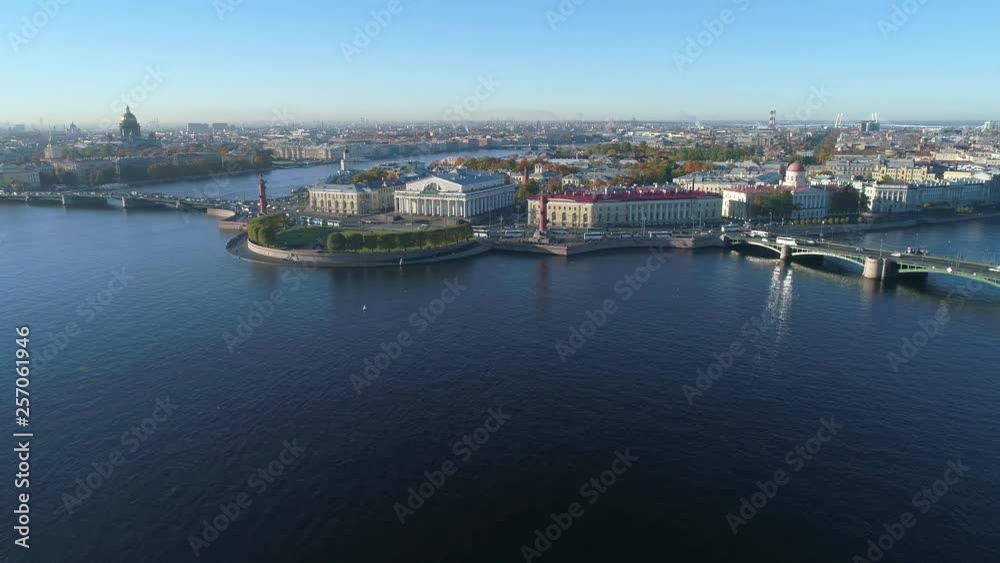 The view on the arrow of Vasilievsky island, October morning (aerial video). Saint Petersburg, Russia The view on the arrow of Vasilievsky island, October morning (aerial video). Saint Petersburg, Russia