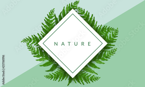 Geometric rhombus frame with green fern leaf. Vector illustration for fresh nature design, ECO background, or other card template