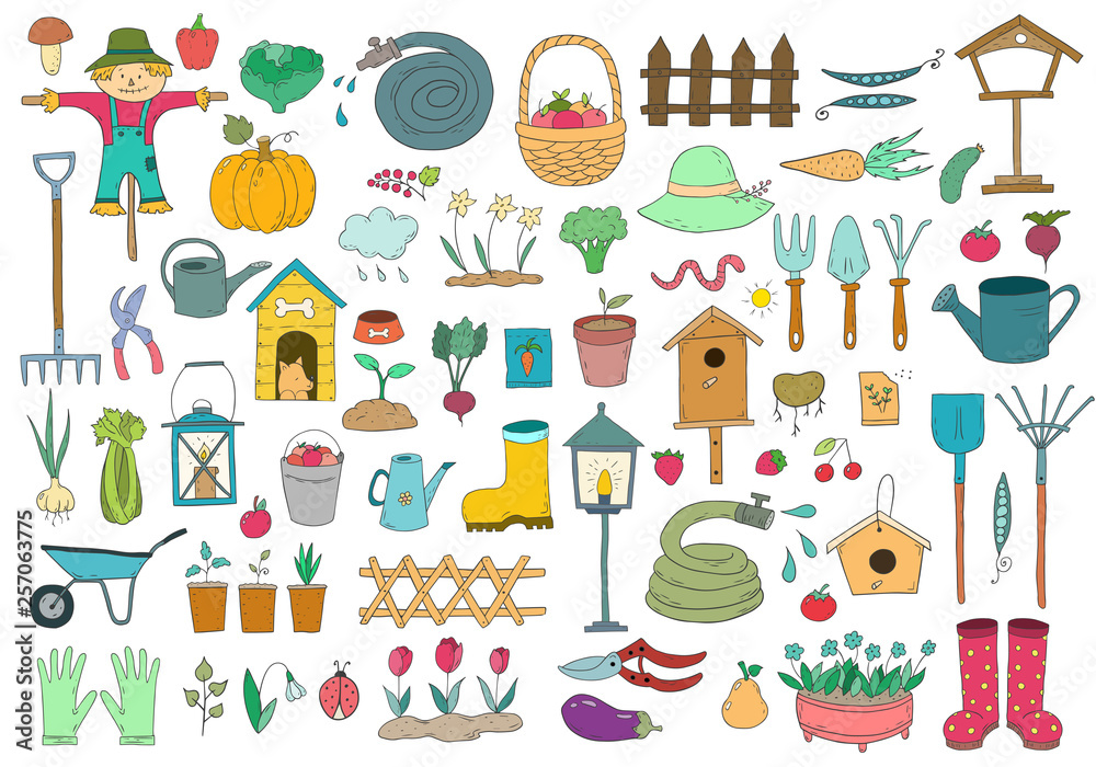 Set of cartoon gardening items a white background. Set of cartoon gardening items a white background.