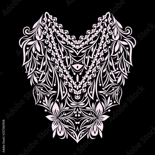 Neckline ethnic design. Floral black and white lace pattern. Vector print with decorative elements  for embroidery, for women's clothing.