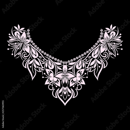 Neckline ethnic design. Floral black and white lace pattern. Vector print with decorative elements  for embroidery, for women's clothing.